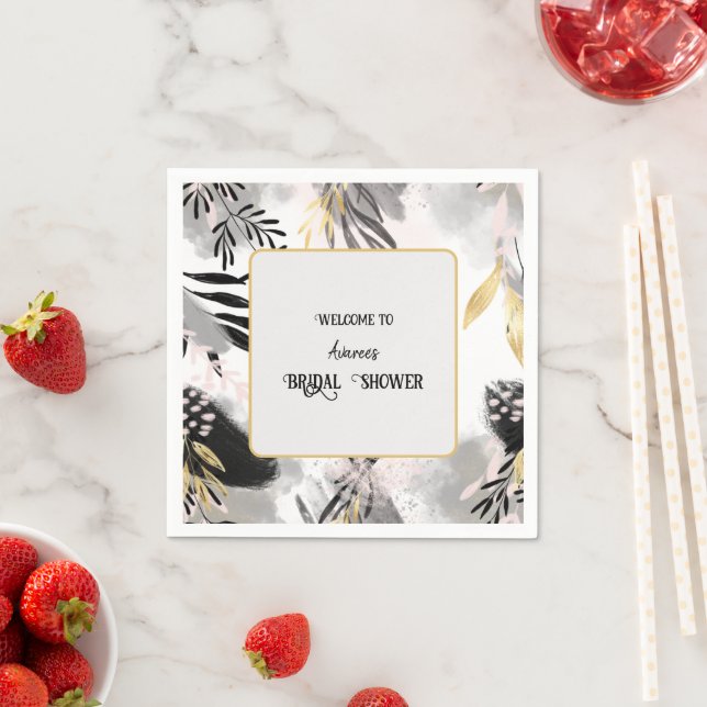 Black, Gray and Gold Leafy Shower Napkin (Insitu)