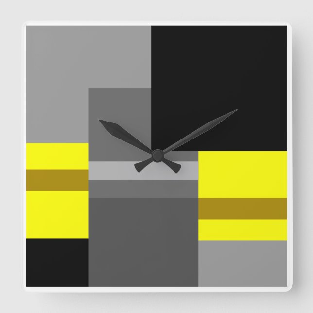 Black, gray and yellow bauhaus geometry square wall clock (Front)