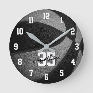 black gray boys girls basketball personalized round clock