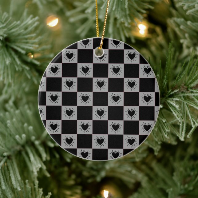 Black&Gray Checkered Tile With Hearts Pattern Ceramic Ornament (Tree)
