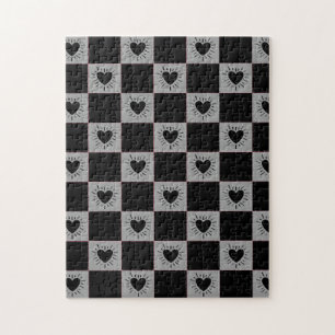 Black&Gray Checkered Tile With Hearts Pattern Jigsaw Puzzle
