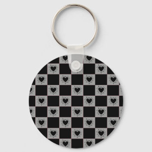 Black&Gray Checkered Tile With Hearts Pattern Key Ring
