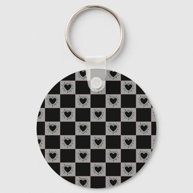 Black&Gray Checkered Tile With Hearts Pattern Key Ring (Front)