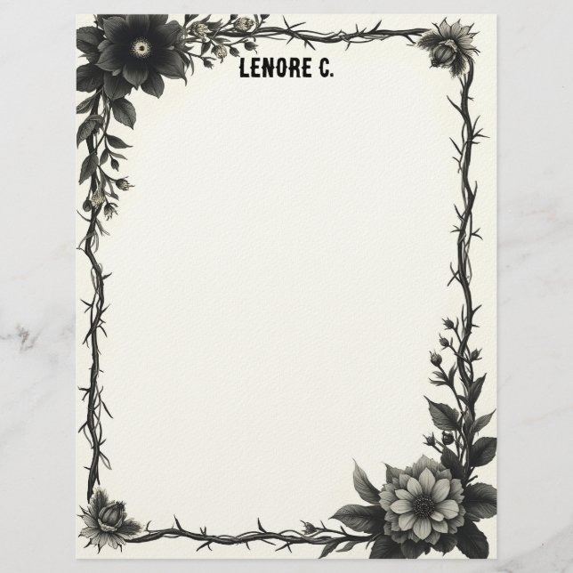 Black & Gray Flowers Thorny Frame Stationery Paper Custom Letterhead (Front)