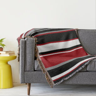 Black, Gray Red and White Stripes   Throw Blanket