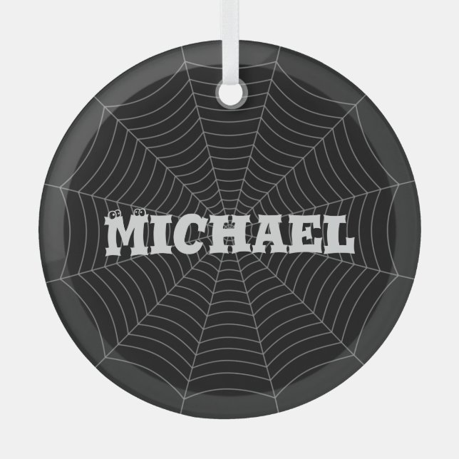 Black gray spider web Halloween pattern Your name Glass Tree Decoration (Front)