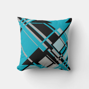 Black Gray Turquoise Diagonal Crisscross Abstract Cushion