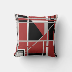 Black Gray White on Dark Red Abstract Labyrinth Cushion