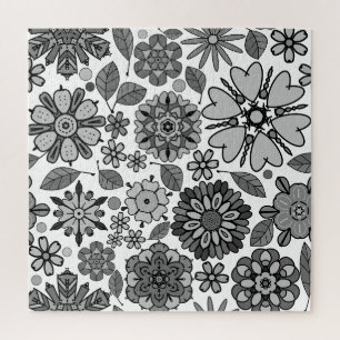 Black Gray White Retro Floral Art Seamless Pattern Jigsaw Puzzle