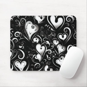 BLACK GRAY WHITE VALENTINES DAY HEARTS MOUSE PAD