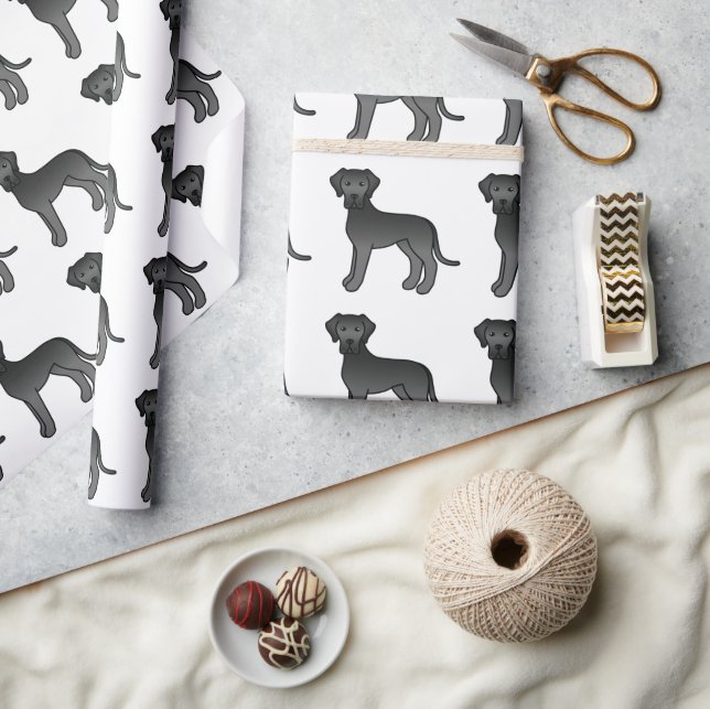 Black Great Dane Cute Cartoon Dog Pattern Wrapping Paper (Crafts)