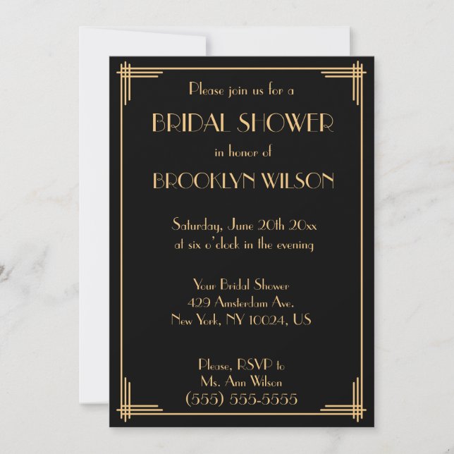Black Great Gatsby Art Deco Bridal Shower Invites (Front)