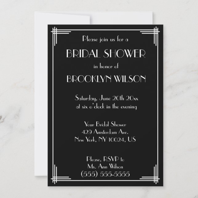 Black Great Gatsby Art Deco Bridal Shower Invites (Front)