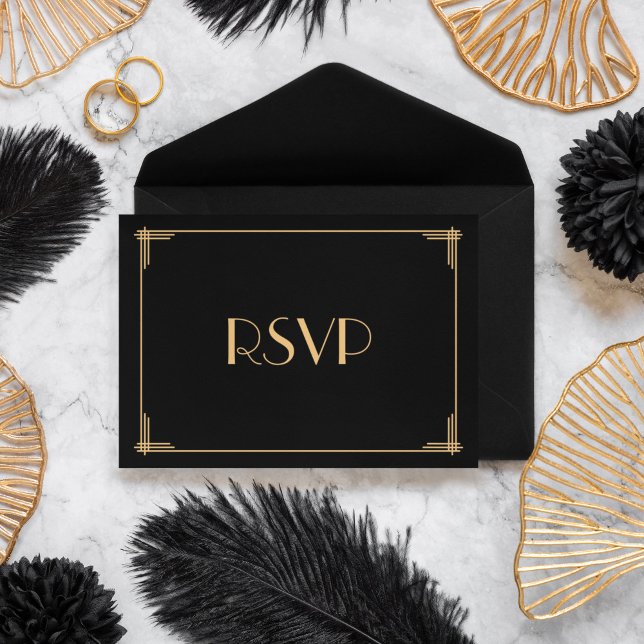 Black Great Gatsby Art Deco Wedding RSVP Card (Creator Uploaded)