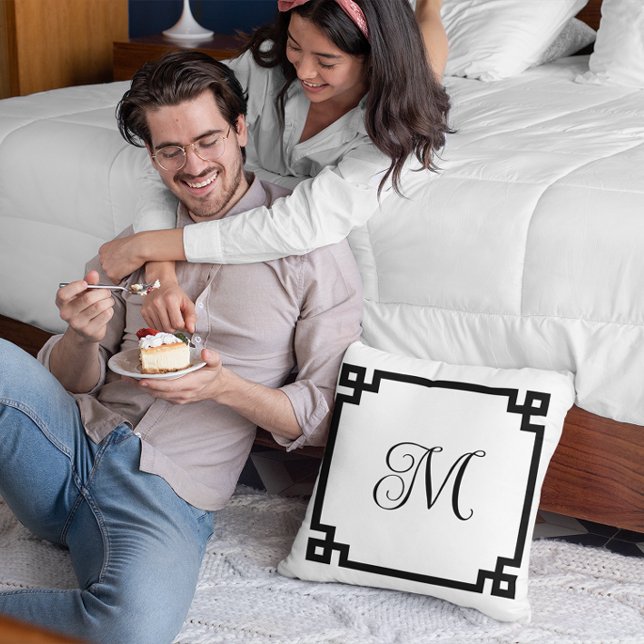 Black Greek Key Border Monogram Cushion (Create your own monogrammed Greek Key border square throw pillow.)