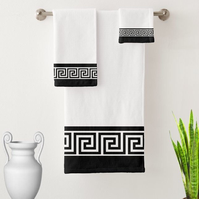 Black Greek Pattern on Black and White Bath Towel Set (Creator Uploaded)