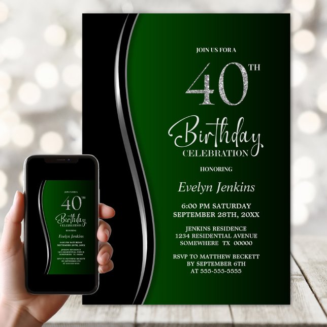 Black Green 40th Birthday Party Invitation (Creator Uploaded)
