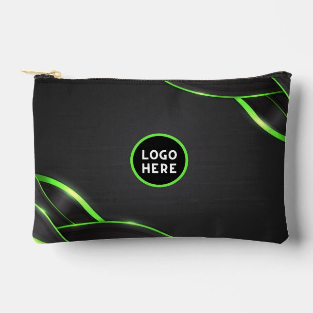Black & Green Abstract Fluid Design | Add Logo Accessory Pouch (Front)