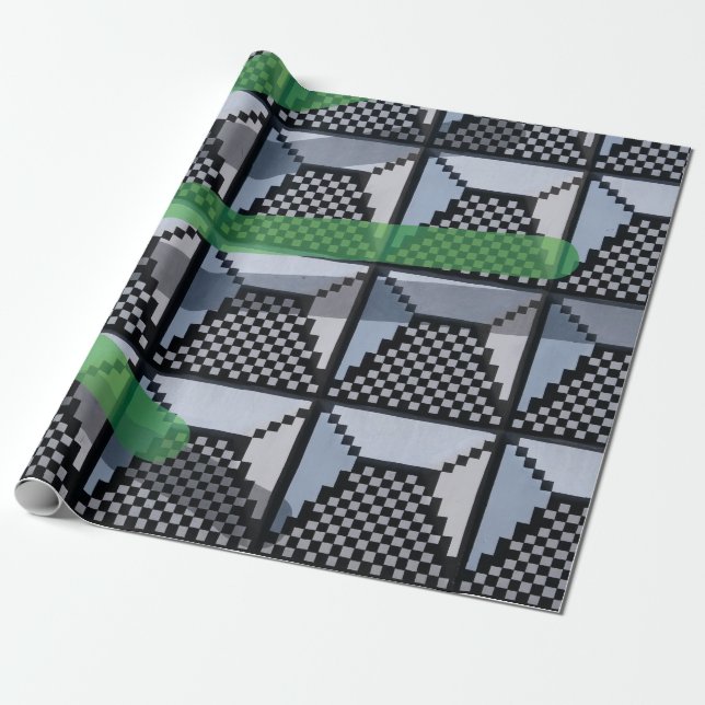 Black, green, and black checked wallpaper wrapping paper (Unrolled)