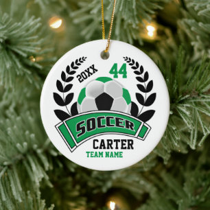 Black, Green and White Personalise Soccer ⚽ Ceramic Ornament