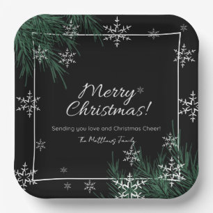 Black Green And White Snowflake Christmas Paper Plate