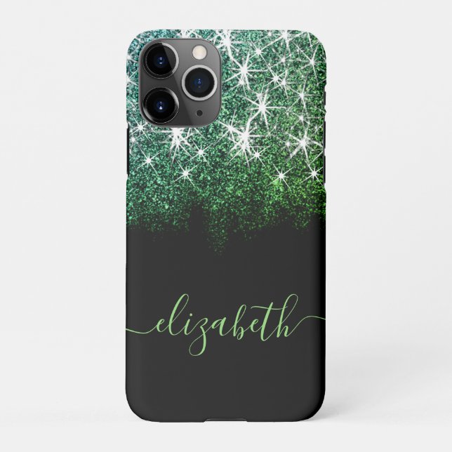 Black Green Aqua Faux Glitter Calligraphy Name iPhone Case (Back)