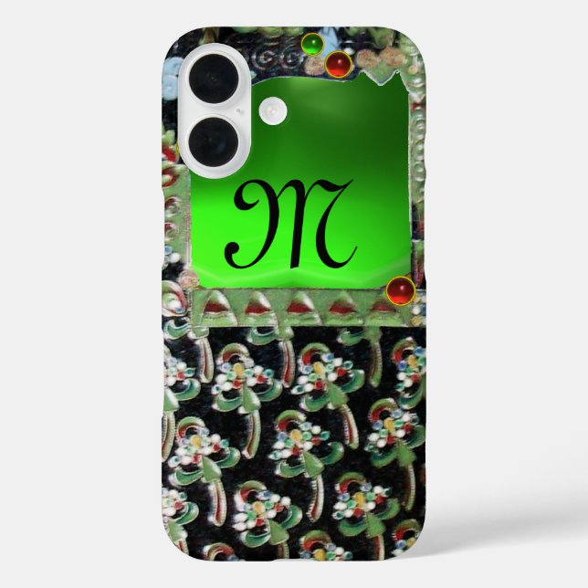 BLACK GREEN  ART NOUVEAU GEMSTONE MONOGRAM Emerald Case-Mate iPhone Case (Back)