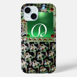 BLACK GREEN ART NOUVEAU GEMSTONE MONOGRAM, Jade iPhone 15 Case