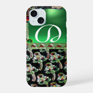 BLACK GREEN ART NOUVEAU GEMSTONE MONOGRAM, Jade iPhone 15 Case