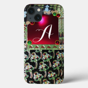 BLACK GREEN ART NOUVEAU GEMSTONE MONOGRAM,Red Ruby iPhone 13 Case