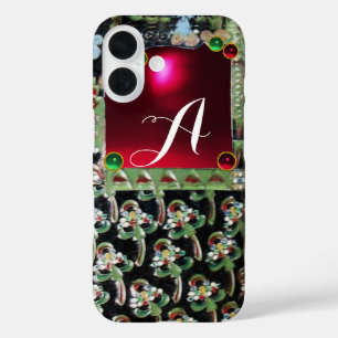 BLACK GREEN ART NOUVEAU GEMSTONE MONOGRAM,Red Ruby iPhone 16 Case