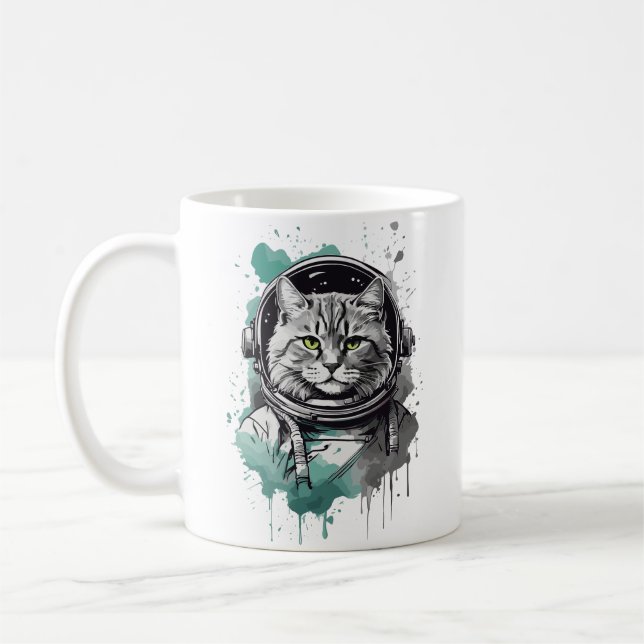Black Green Astronaut Cat Design Coffee Mug (Left)