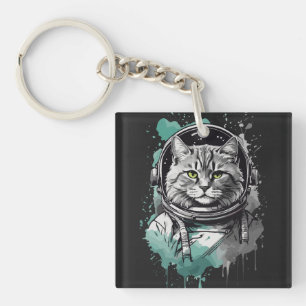 Black Green Astronaut Cat Design Key Ring