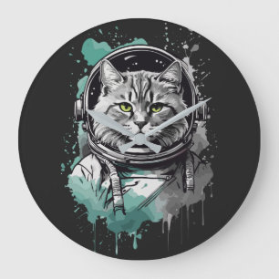 Black Green Astronaut Cat Design Large Clock