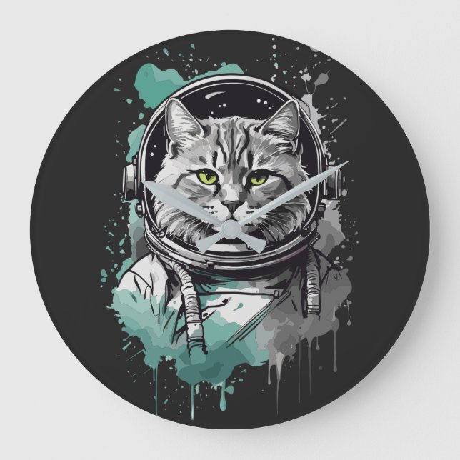 Black Green Astronaut Cat Design Large Clock (Front)