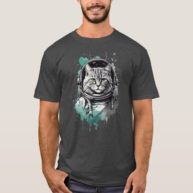 Black Green Astronaut Cat Design T-Shirt (Front)