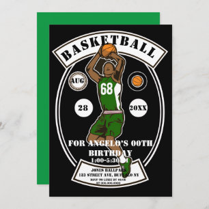 Black Green Basketball Birthday Party Invites