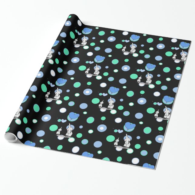 Black Green Blue Elephants Holding Balloons Gift W Wrapping Paper (Unrolled)