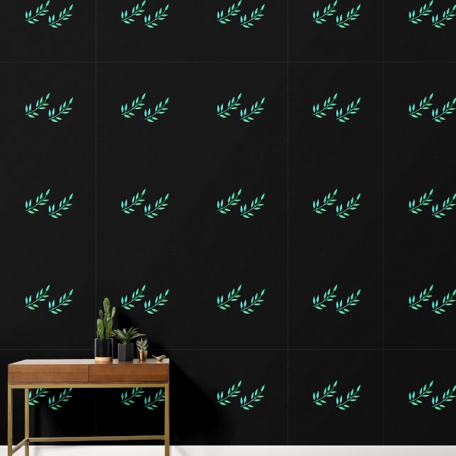 Black Green Botanical Print Leaf Patterns Tropical Wallpaper (Hallway)