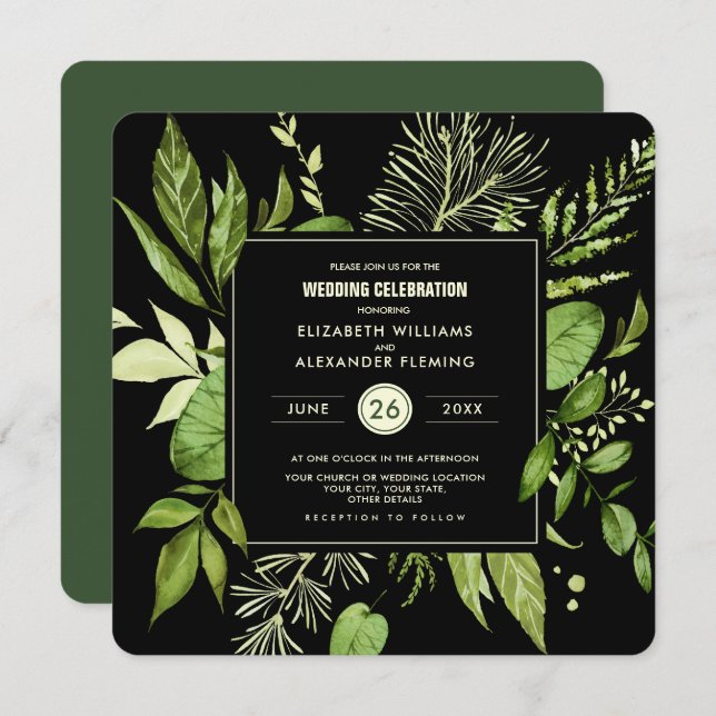 Black Green Botanical Watercolor Wedding Invitation (Front/Back)