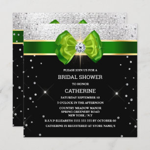 Black green bow elegant silver sparkle invitation