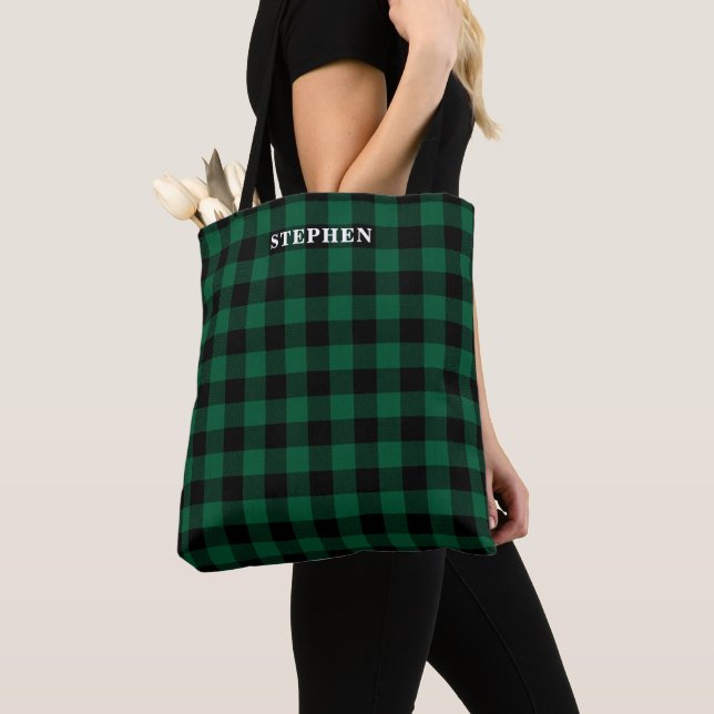 Black Green Buffalo Plaid Monogram Tote Bag (Close Up)