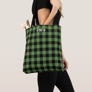 Black Green Buffalo Plaid Monogram Tote Bag