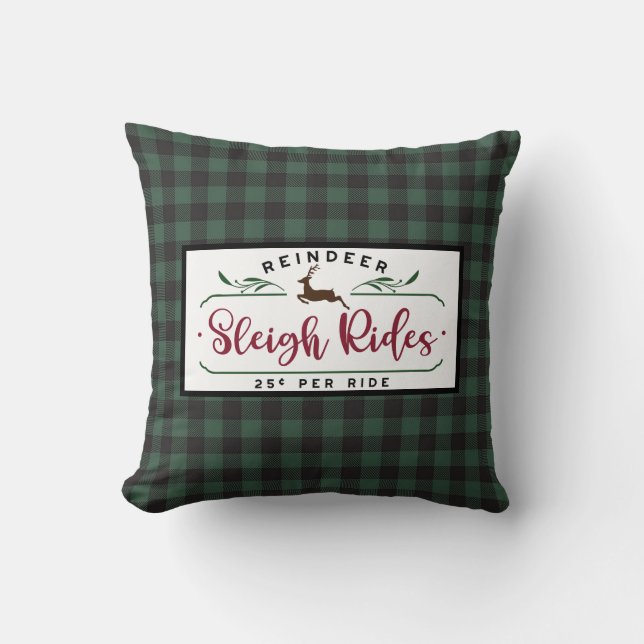 Black Green Buffalo Plaid - Reindeer Sleigh Ride Cushion (Front)