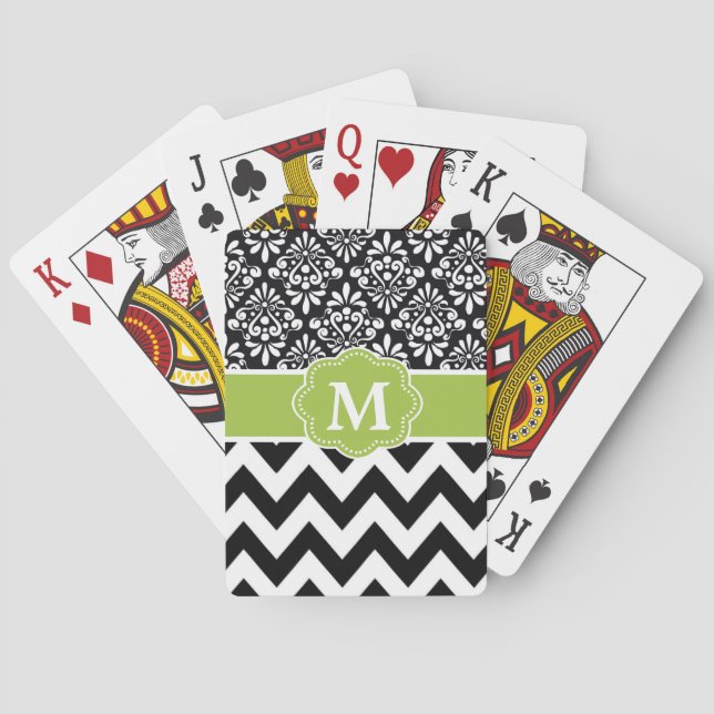 Black Green Chevron Personalised Playing Cards (Back)