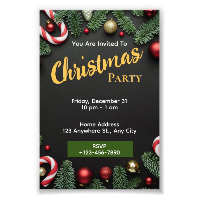 Black Green Christmas Party Invitation Editable Photo Print (Front)