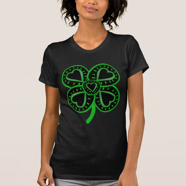 Black Green Clover Heart St Patrick's Day B W Tee (Front)
