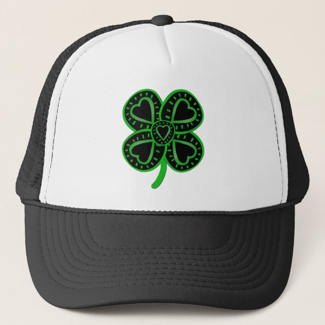 Black Green Clover Heart St Patrick's Day Hat (Front)