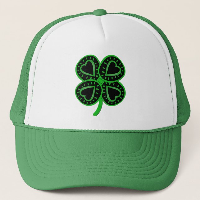 Black Green Clover Heart St Patrick's Green Hat (Front)