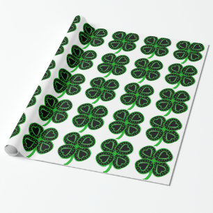 Black Green Clover with Heart St Patty Wrapping P Wrapping Paper